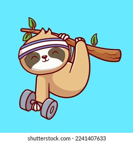 Cute Sloth Lifting Dumbbell On Tree Cartoon Vector Icon Illustration. Animal Sport Icon Concept Isolated Premium Vector. Flat Cartoon Style