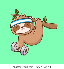 Cute Sloth Lifting Dumbbell on Tree Cartoon Vector Icon Illustration. Animal Sport Icon Concept Isolated Premium Vector. Flat Cartoon Style