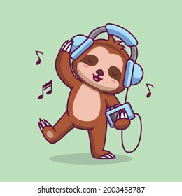 Cute sloth listening music with headphone cartoon illustration The Concept of Isolated Technology. Flat Cartoon Style Suitable for Landing Web Pages, Banners, Flyers, Stickers, Cards