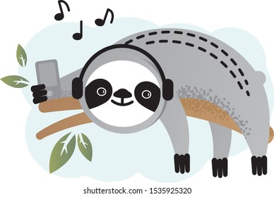 Cute sloth listening to music. Vector illustration.