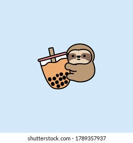 Cute Sloth Loves Bubble Tea Cartoon, Vector Illustration