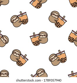 Cute sloth loves bubble tea cartoon seamless pattern, vector illustration