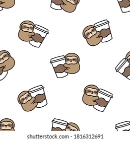 Cute sloth loves coffee cartoon seamless pattern, vector illustration