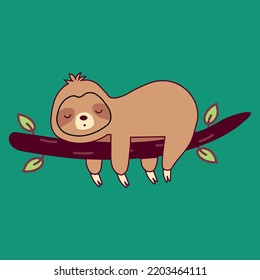 Cute sloth lying on tree branch. Funny lazy baby animal. Happy sweet slow character. Flat vector illustration isolated on white background