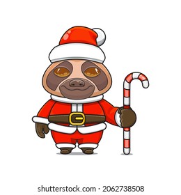 Cute and cute sloth mascot, holding candy cane, wearing santa claus costume, cartoon animal character with sparkling eyes, front view. kawaii styles, flats, for kids and adults, for stickers. 