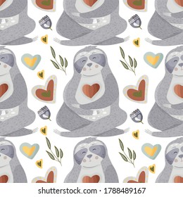 Cute sloth meditates among flowers. Yoga cartoon vector seamless pattern in a flat style. Slow lazy animal nature kid print on a white background.