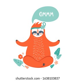 Cute sloth meditating in lotus position. Simple cartoon drawing of sloth sitting in meditation. Adorable character lazy animal. Illustration for t-shirt design, poster, greeting, card, sticker, banner