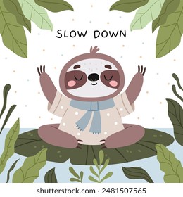 A cute sloth is meditating in the middle of the tropics in a cartoon style.Happy calm baby character resting. 