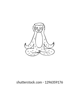 Cute sloth meditating in yoga lotus pose. Motivational typography poster. Vector illustration isolated on white background.