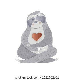 Cute sloth meditation. Yoga lotus asana. Vector lazy animal illustration. Cartoon drawing.