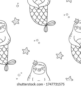 Cute sloth -  mermaid vector print. Seamless pattern sloth undersea