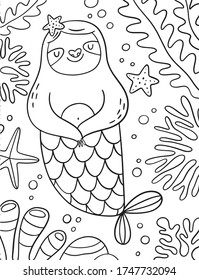 Cute Sloth -  Mermaid Vector Print. Sloth Undersea Coloring Page