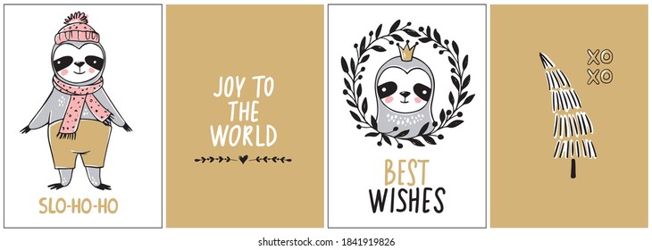 Cute Sloth, Merry Christmas cards collection. Vector funny illustrations for winter holidays. Doodle lazy sloths bears and lettering inscriptions. Happy New Year and Xmas animals set.