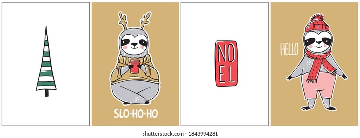 Cute Sloth, Merry Christmas cards collection. Vector funny illustrations for winter holidays. Doodle lazy sloths bears and lettering inscriptions. Happy New Year and Xmas animals set.