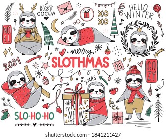 Cute Sloth, Merry Christmas collection. Vector funny illustrations for winter holidays. Doodle lazy sloths bears with scarf, gift box, hat. Happy New Year and Xmas animals set.