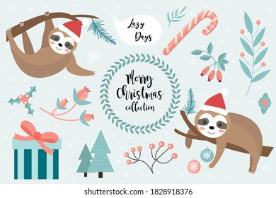 Cute sloth Merry christmas set. Collection of design elements with a little sloths in a hat of Santa Claus, snowflakes and a Christmas tree. Vector