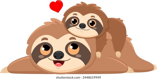 Cute Sloth Mom And Baby Cartoon Characters. Vector Illustration Flat Design Isolated On Transparent Background