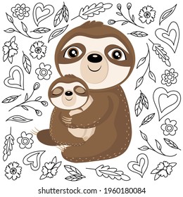 Cute sloth mom and baby. Vector illustration decorated with flowers and hearts in doodle style. Baby shower cards, Happy Mother's Day.