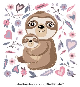 Cute sloth mom and baby. Vector illustration decorated with flowers and hearts in a flat style. Baby shower cards, Happy Mother's Day.