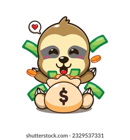 cute sloth with money bag cartoon vector illustration.