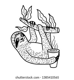 Cute sloth nahging on a tree branch with a cup of hot coffee. Hand drawn, doodle style. Funny vector illustration. Black lineart isolated on white background