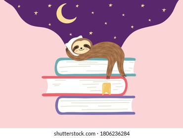 Unas pequeñas siestas perezosas apretadas en los libros. Dulces sueños. Graciosa ilustración de la educación. Estudiante cansado de leer.