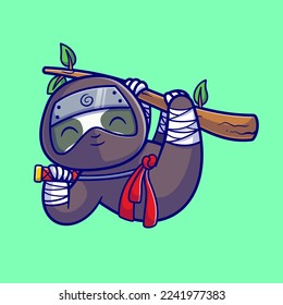 Cute Sloth Ninja Hanging On Tree With Sword Cartoon Vector Icon Illustration. Animal Holiday Icon Concept Isolated Premium Vector. Flat Cartoon Style