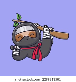 Cute Sloth Ninja Hanging on Tree with Sword Cartoon Vector Icon Illustration. Animal Holiday Icon Concept Isolated Premium Vector. Flat Cartoon Style