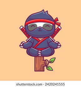 Cute Sloth Ninja Meditation Yoga On Branch Tree Cartoon
Vector IconIllustration. Animal Holiday Icon Concept Isolated 
Premium Vector. Flat Cartoon Style