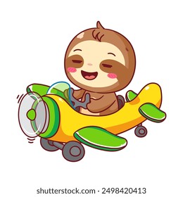 Cute Sloth on Airplane Cartoon Vector Illustration. Kawaii Adorable Animal Pilot Concept Design. Travel And Transportation Themes. Isolated White Background.