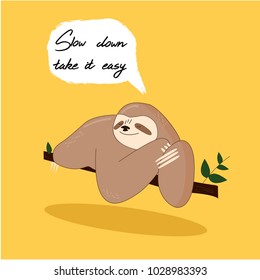 Cute sloth on the branch with garland. Vector illustration. Fun poster.