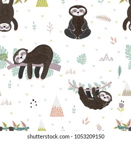 Cute sloth on the branch seamless pattern. Vector illustration