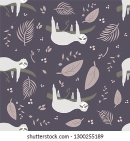 Cute sloth on the branch seamless pattern Vector illustration