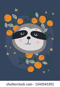 Cute sloth on dark background with oranges and stars. Holiday card, printable, poster.