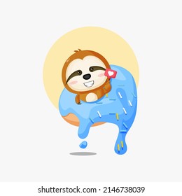 Cute sloth on a donut cartoon icon