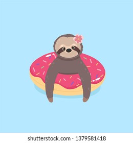 Cute sloth on donut inflatable float. Sloth in the swimming pool. Funny summer vector illustration can be used greeting card, banner, mug, t-shirt, poster, kids clothes, bedclothes.