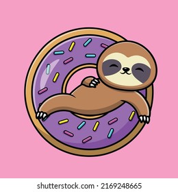 Cute Sloth On Doughnut Cartoon Vector Icon Illustration. Animal Food Icon Concept Isolated Premium Vector.