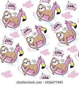 Cute sloth on flamingo seamless pattern on white background