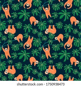 Cute sloth on floral leaves,  tree pattern design. Seamless background funny lazy animal