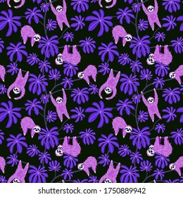 Cute sloth on floral tree leaves pattern design. Seamless background funny lazy animal