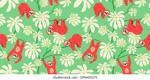 Cute sloth on floral tree pattern design. Seamless background funny lazy animal