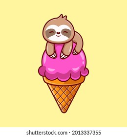 Cute Sloth On Ice Cream Cone Cartoon Vector Icon Illustration. Animal Drink Icon Concept Isolated Premium Vector. Flat Cartoon Style