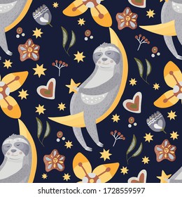 Cute sloth on a moon. Cartoon vector seamless pattern in a flat style. Slow lazy animal with hearts, stars and flowers, nature kid print on a dark background.