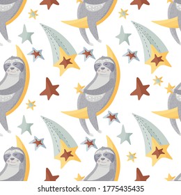 Cute sloth on a moon with star in hands. Cartoon vector seamless pattern in a flat style. Slow lazy animal with hearts, stars and flowers, nature kid print on a white background.