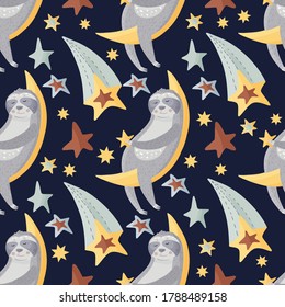 Cute sloth on a moon with star in hands. Cartoon vector seamless pattern in a flat style. Slow lazy animal with hearts, stars and flowers, nature kid print on a dark background.