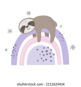 Cute sloth on the rainbow. Children's hand drawn illustration, vector animals.