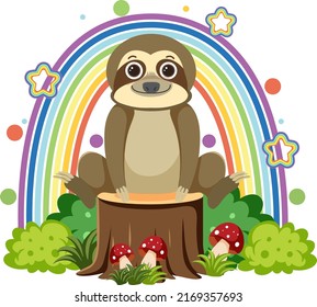 Cute sloth on stump in flat cartoon style illustration