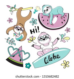 Cute sloth on surfboard and sloth on watermelon on white background