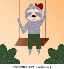 cute sloth on a swing children's illustration