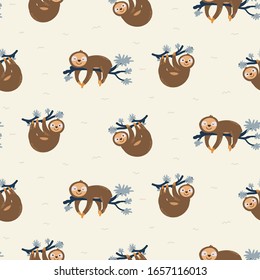 Cute sloth on tree branches seamless pattern vector. Childish cartoon jungle animal background.